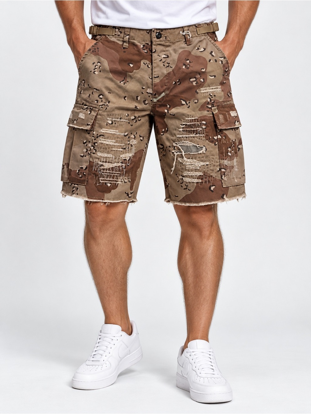 MNML Brown Camo Distressed Cargo Shorts
